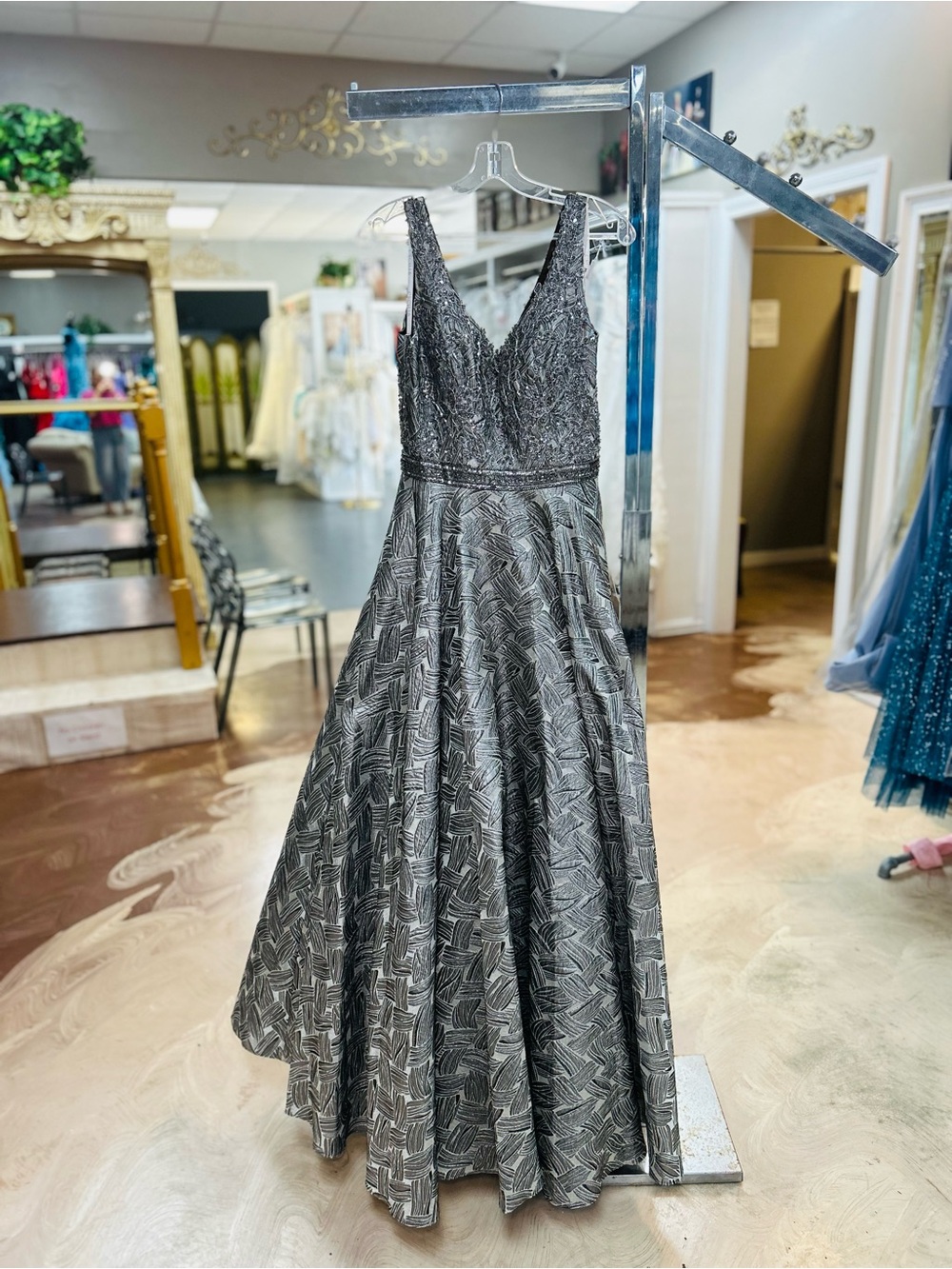 Silver Beaded V-Neck Prom Gown